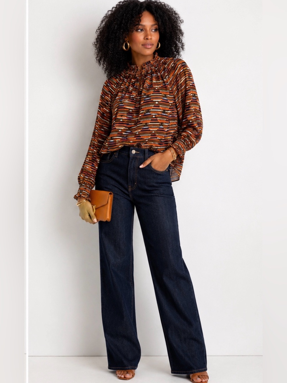 LOFT Rust Multi Ruffle-Neck Long Sleeve Blouse - Picture 3 of 11